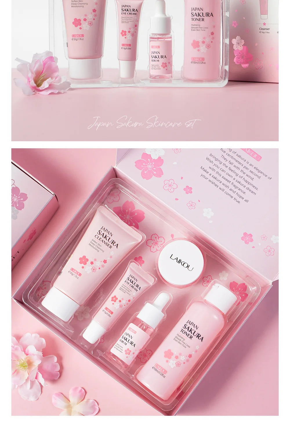 LAIKOU Sakura 5pcs Skin Care Kit Cleanser Toner Serum Eye Cream Essence Cream Moisturizing Beauty Gift Box For Women ﻿