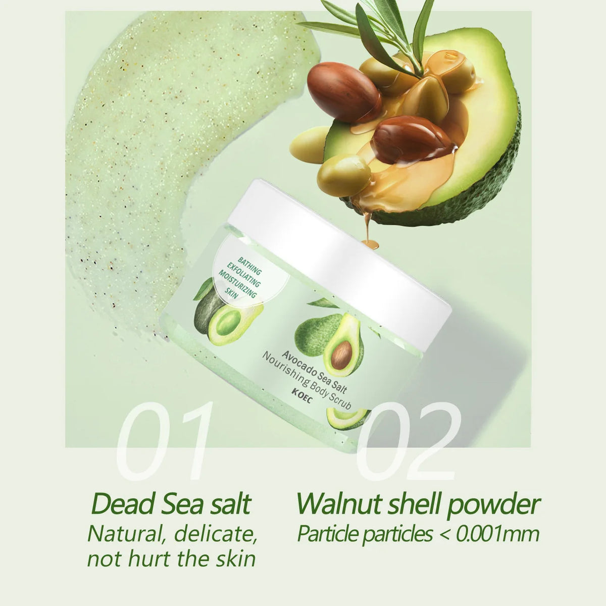 230g KOEC Avocado Dead Sea Salt Bathing Body Scrub Moisturizing Exfoliating Nourishing Brightening Shea Butter Natural Seed Oils