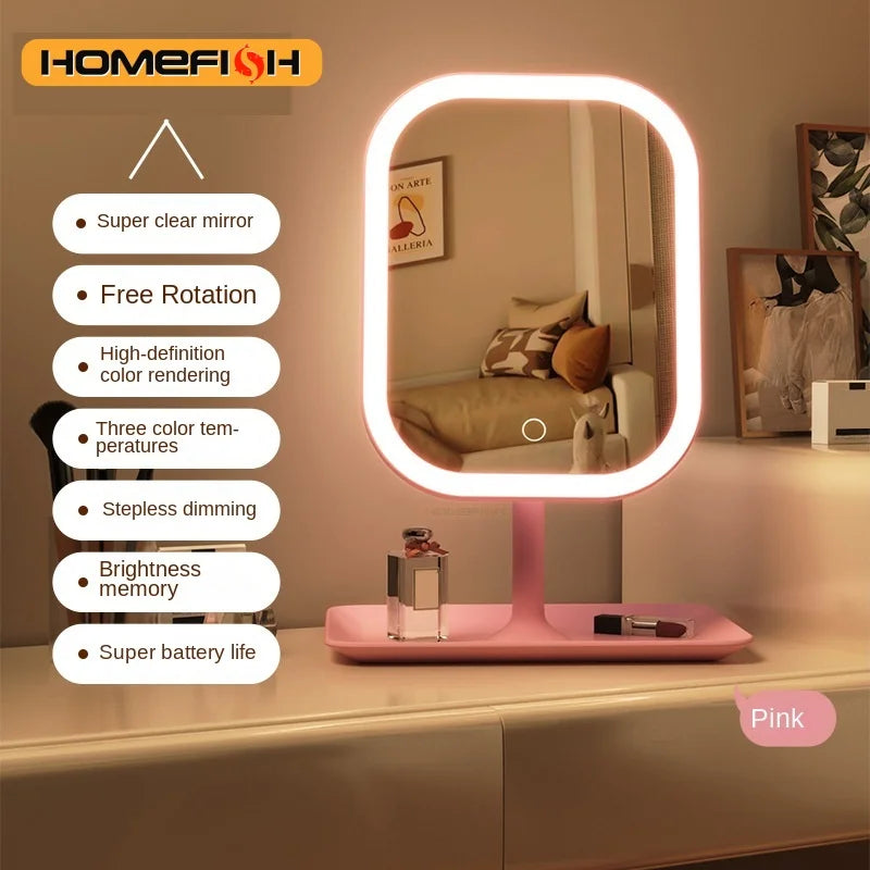 Niche Modern Desktop Vanity Mirror 3 Color Light LED Makeup Mirror Touching Mirror Women Bedroom Dressing Mirror