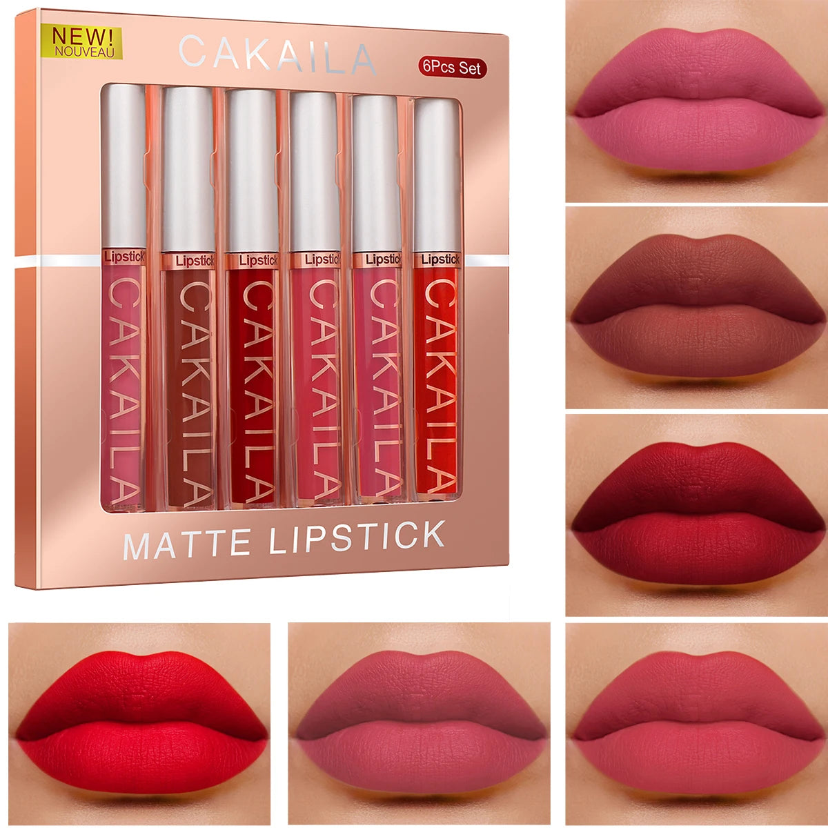 CAKAILA 6-Color Lip Gloss Lipstick Set Liquid Matte Velvet Matte Women's Makeup Long-lasting Waterproof Non-stick Cup Non-fade