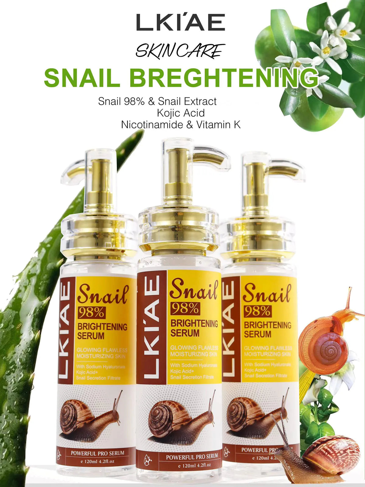 AILKE Snail Extract Whitening Serum, Moisturizing, Reduce Dark Spots, Wrinkle, Even Skin Tone, Lightening Essence for Face, Body