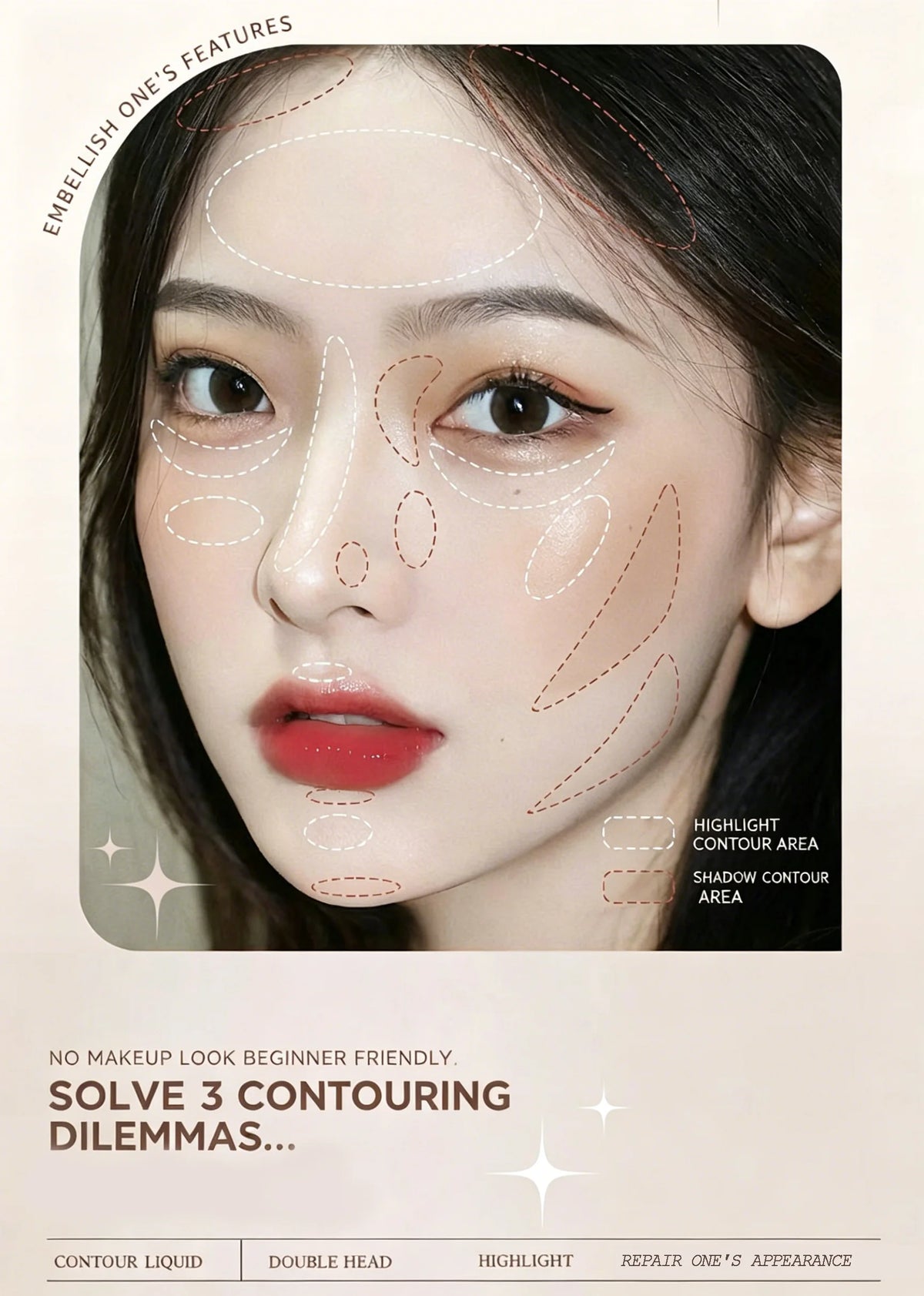 The dual-head highlighter brightens the complexion, regulates facial contours, and is long-lasting and waterproof