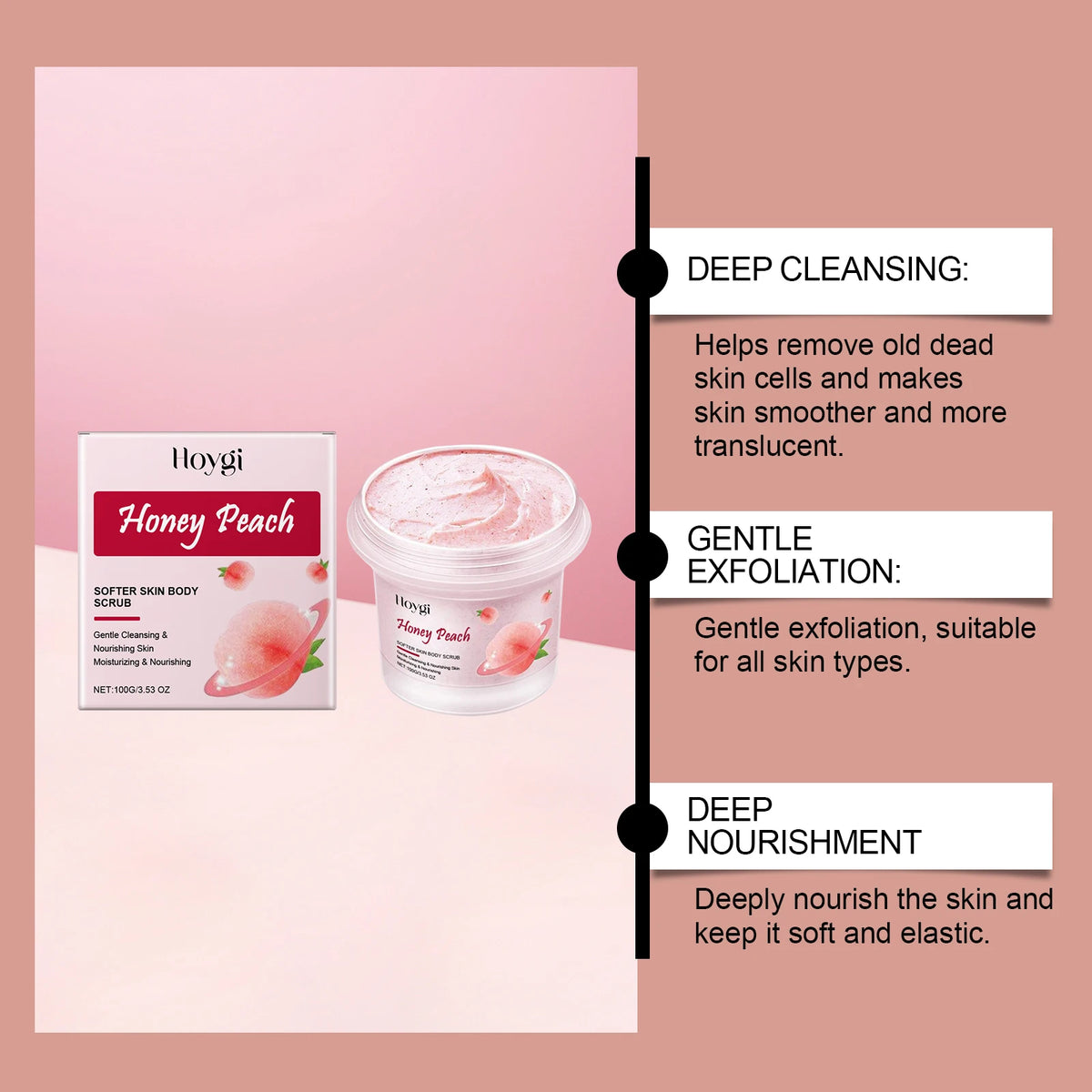 HOYGI Peach Body Scrub Gentle Exfoliating Smoothing Soften Skin Moisturizing Bathing Cleaning Pores Fruit Acid Skin Care 100g