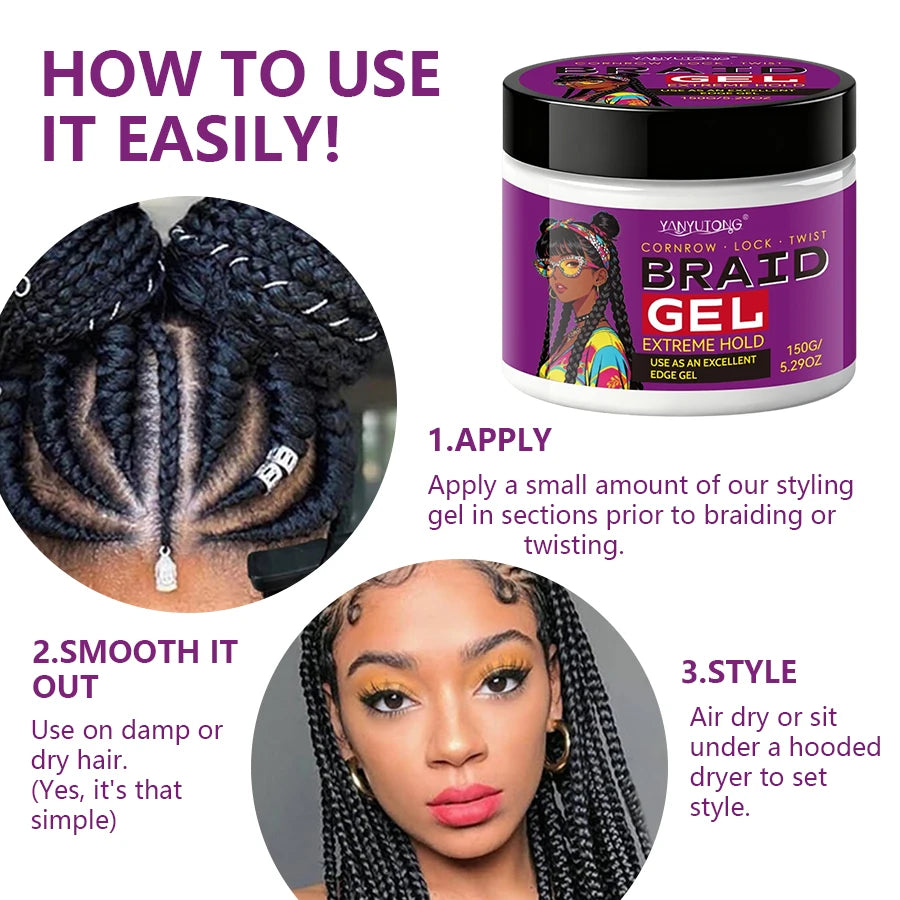 Styling Broken Hair Braiding Gel, Carbom Formula, Edge Control Twisting Gel Tame Frizz & Edges, Braiding Gel, Hailine Control,