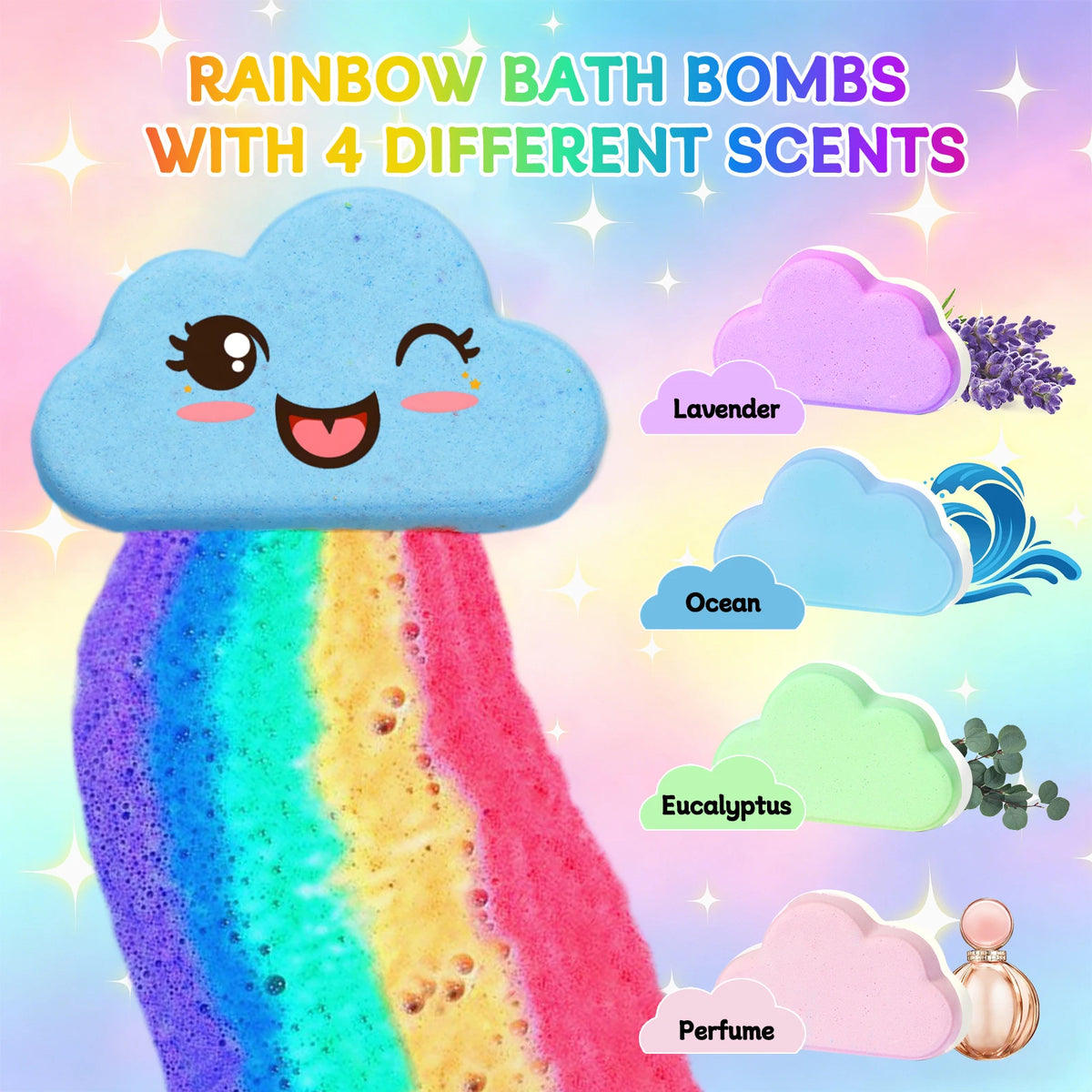 Rainbow Bath Bombs for Kids, Handmade 4 Pcs Kids Bath Bombs Gift Set for Girls Teens Toddler Rainbow Bubble Fizzy