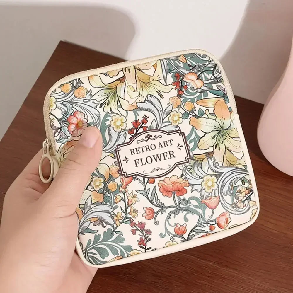 Creative PVC Sanitary Pads Bag Fashion Floral Print Large Capacity Multipurpose Coin Purse Portable Cosmetic Storage Bag