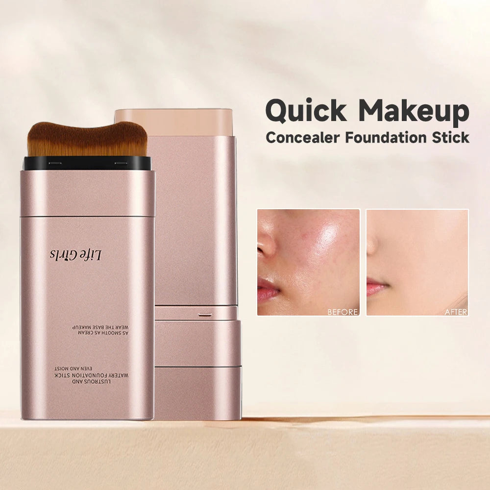 Life Girls Watery Double-Headed Foundation Stick with Brush, Natural Long-Lasting Flawless Makeup For Facial Concealer Cosmetics