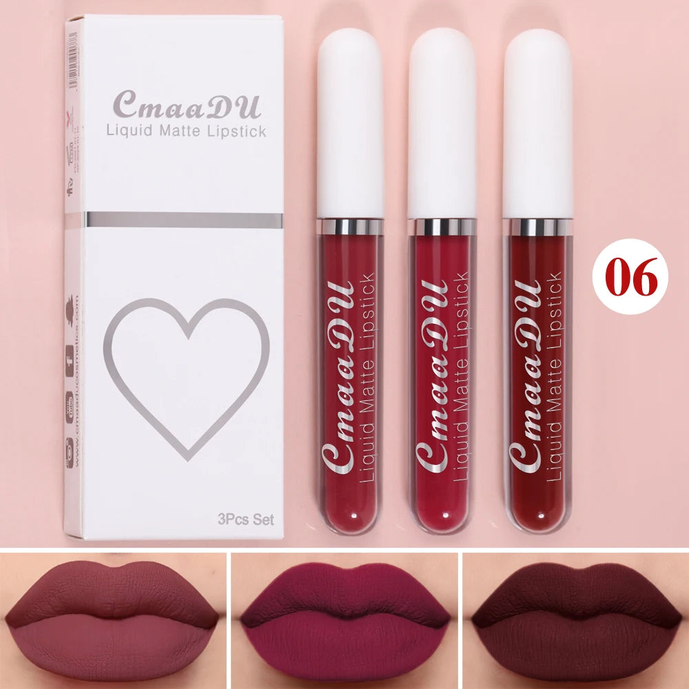 3 Pcs Matte Lipstick Lip Gloss Sets Long-Lasting Non-Fading Waterproof Non-stick Cup Exquisite Gift Everyday Holiday Universal