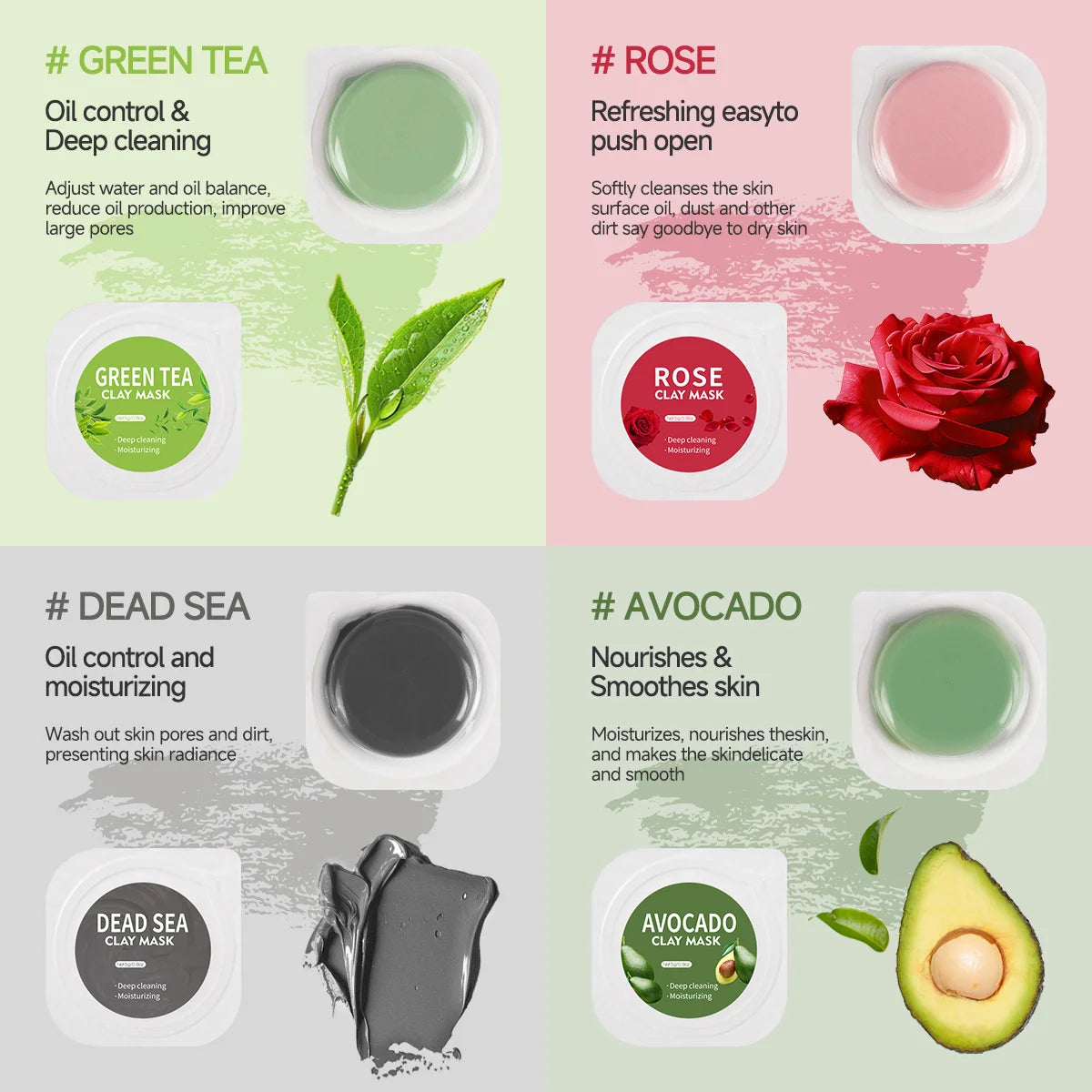 10pcs Clay Mask,Gentle Cleansing,Moisturizing and Hydrating Skin,Eggplant/Rose/Green Tea Mask Restore Skin Mask Travel Essential