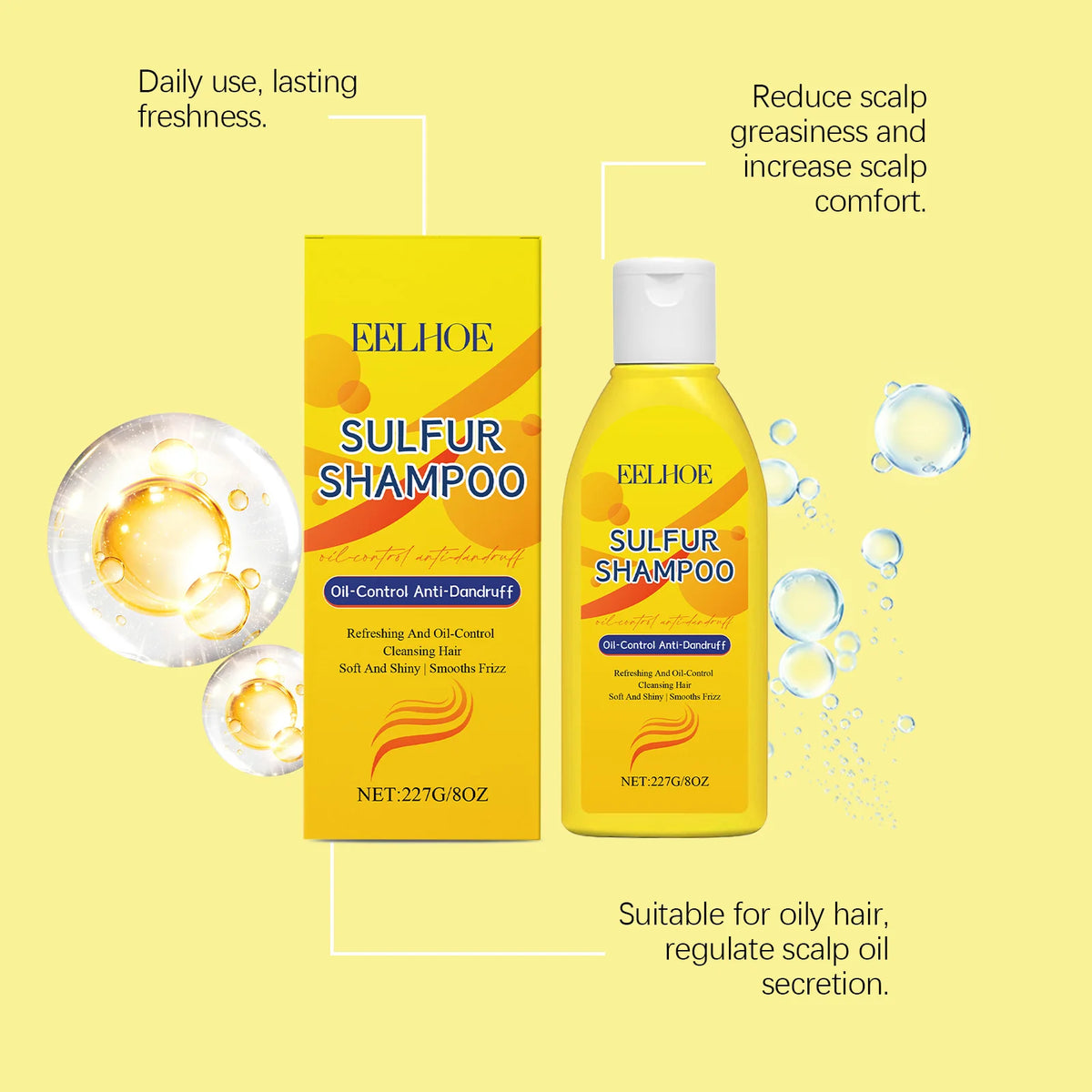 EELHOE Sulfur Shampoo Strengthen Roots Oil Control Fluffy Hair Moisturizing Mild Formula Itch Deeply Clean The Scalp 227g