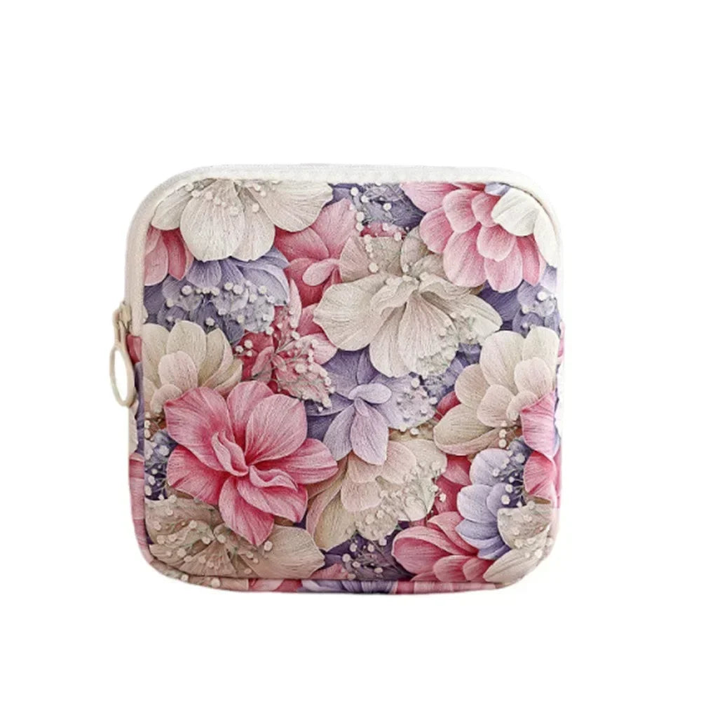 Creative PVC Sanitary Pads Bag Fashion Floral Print Large Capacity Multipurpose Coin Purse Portable Cosmetic Storage Bag