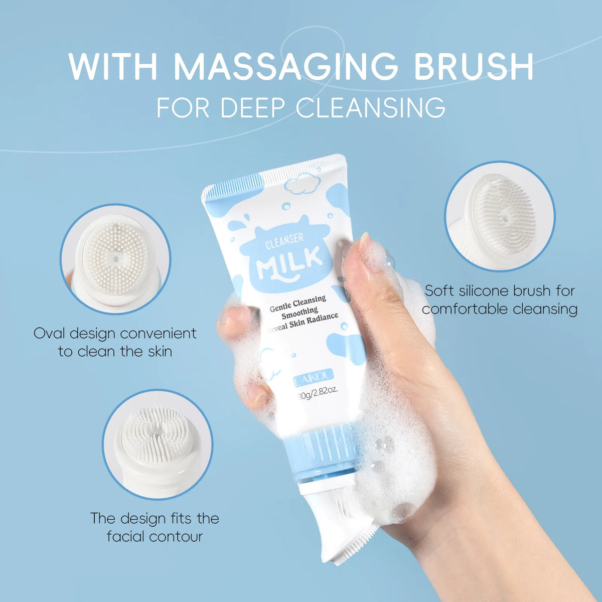 LAIKOU Milk Foaming Cleanser Dual Amino Acids Gentle Deep Cleansing Brightening for All Skin Types 80g