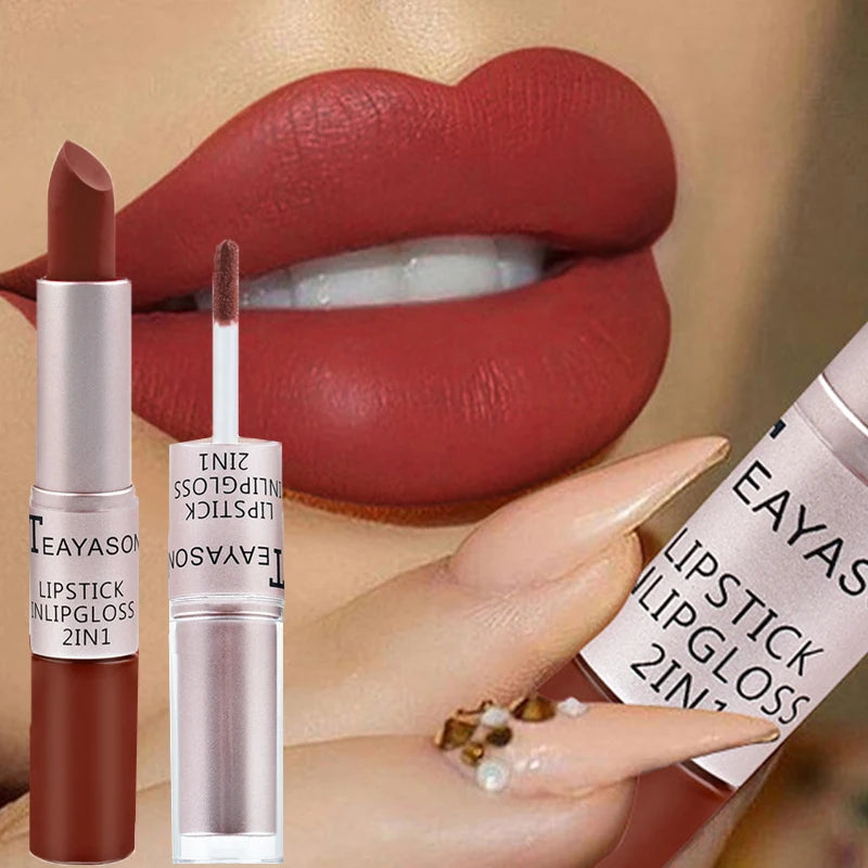 1Pc Long Lasting Velvet Matte Lipstick Double Head Lip Gloss Non-stick Cup Lip Gloss Waterproof 2 in 1 Matte Red Lipstick Makeup