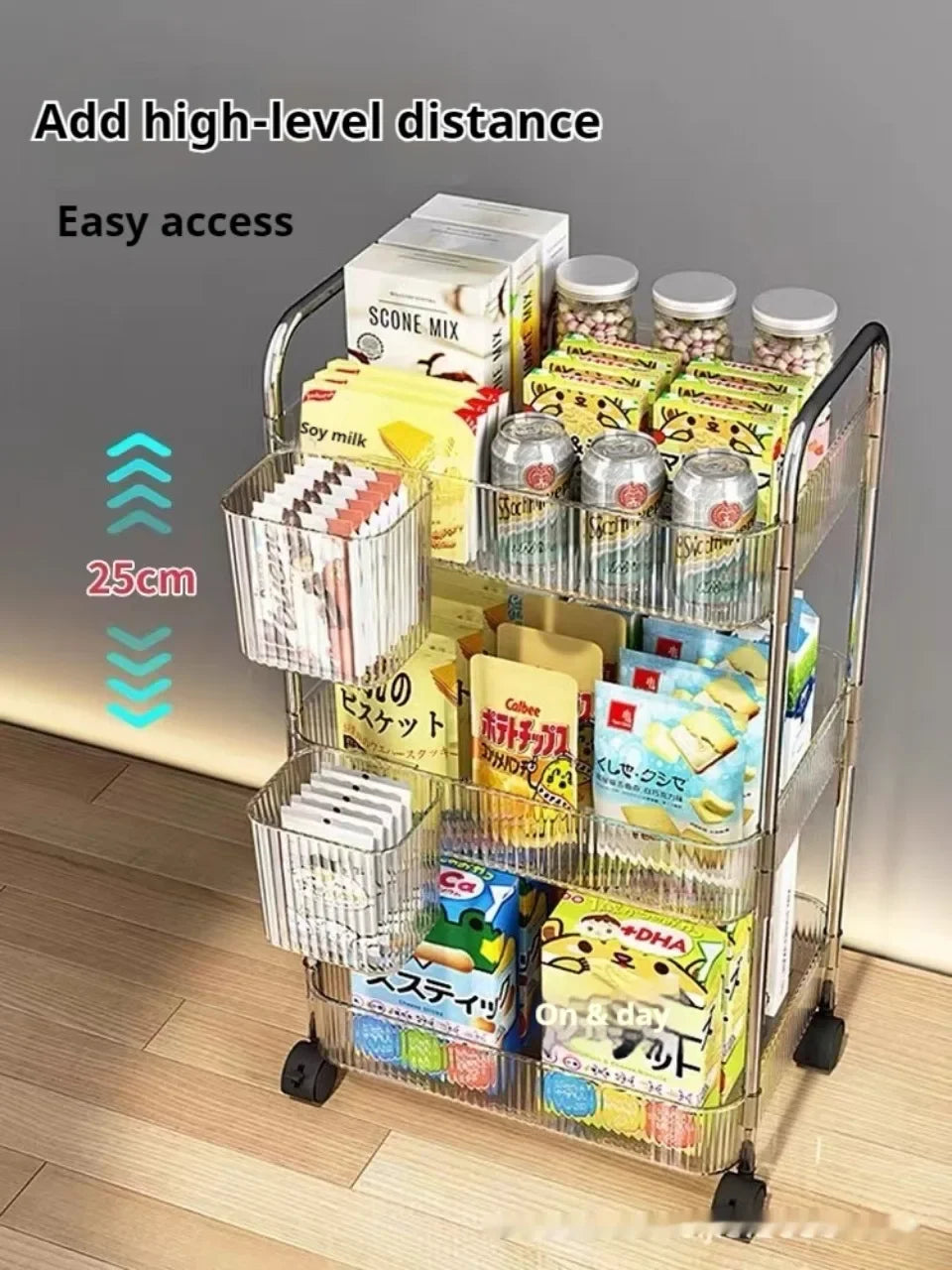 2/3/4 Layers Transparent Storage Rack with Wheels, Home Trolley Cart Suitable for Snacks Cosmetic Sundries and Kitchen Organizer
