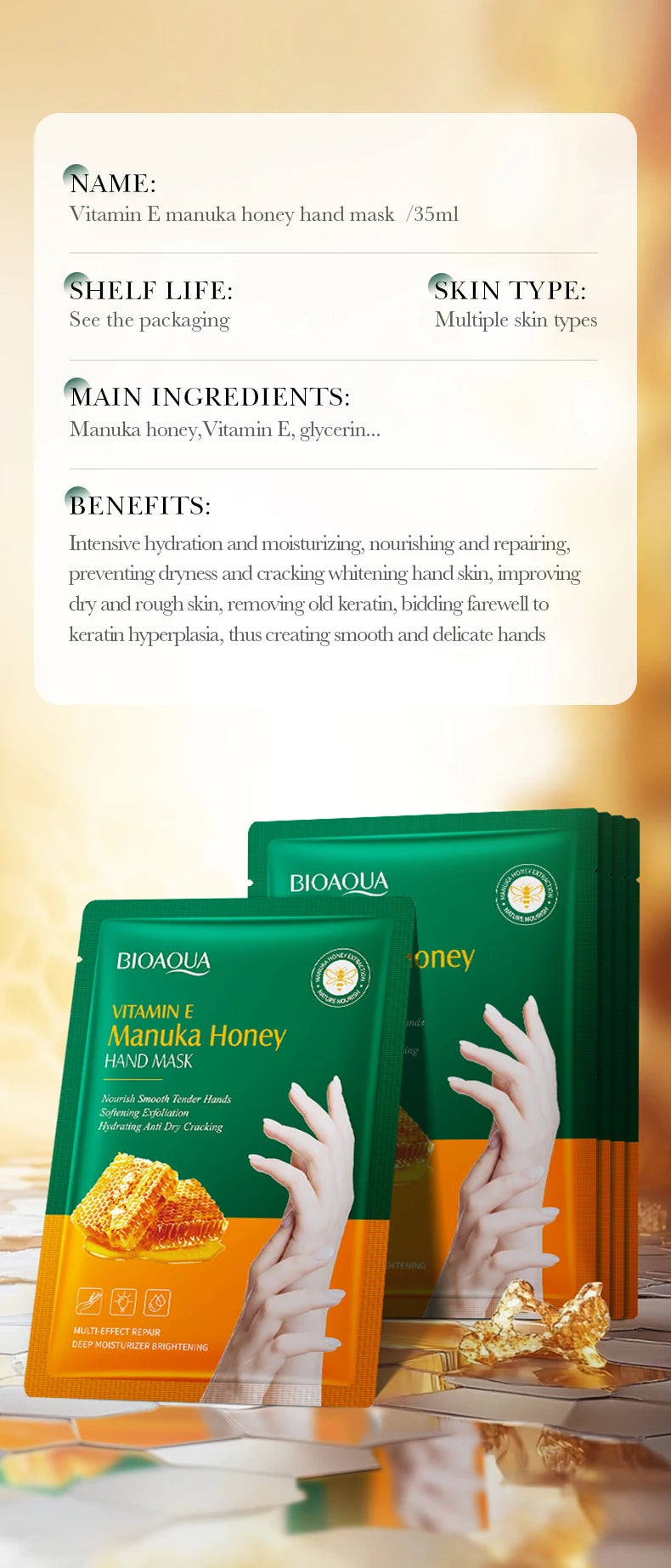 Vitamin E Hand Mask Manuka Honey Nourishing Hydrating Hand Care Film Long-Lasting Moisturizing Soft Smooth Hand Skincare