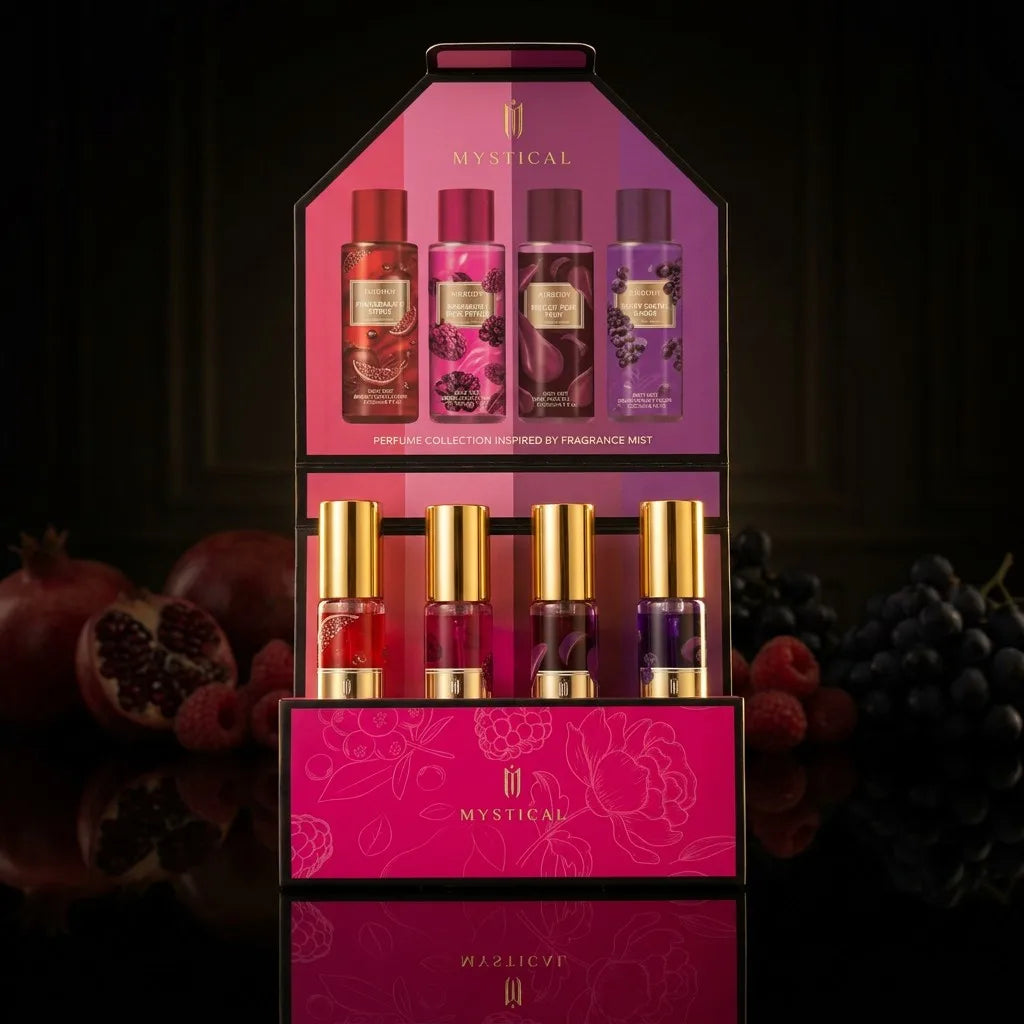 MYSTICAL 4pcs Berry & Fruit Perfume Set, Long Lasting EDP Fragrance Discovery Kit for Cocktail Parties, Vacations & Daily Wear, Raspberry Rose, Pomegranate Citrus & Merlot Pear, 0.68oz X 4 Travel Sampler, Luxury Beauty Gift f