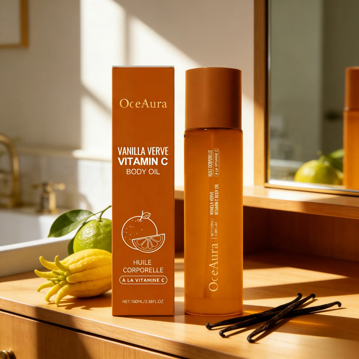 OceAura Vitamin C Body Oil for Glowing Skin Brightening Deep Hydration After Shower Vanilla Verve Scented Body Massage Oil 100ml