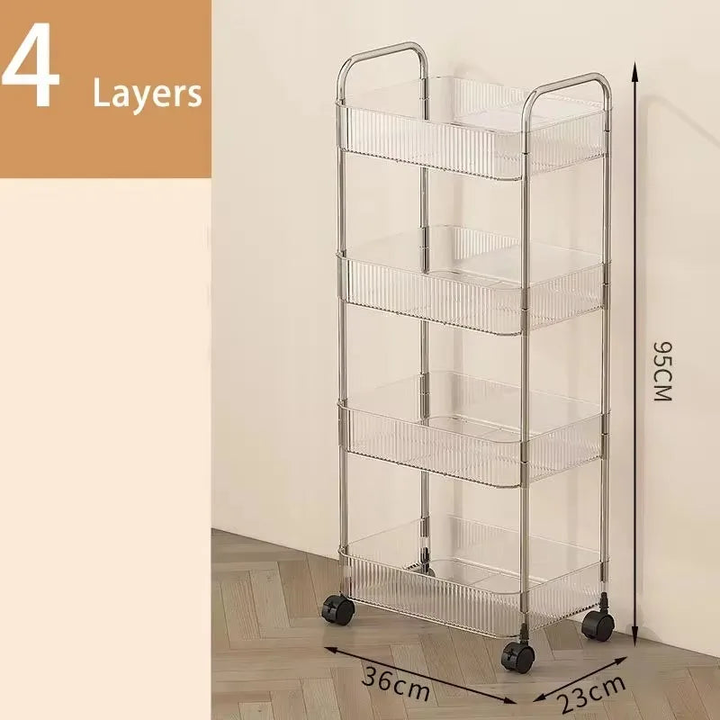 2/3/4 Layers Transparent Storage Rack with Wheels, Home Trolley Cart Suitable for Snacks Cosmetic Sundries and Kitchen Organizer