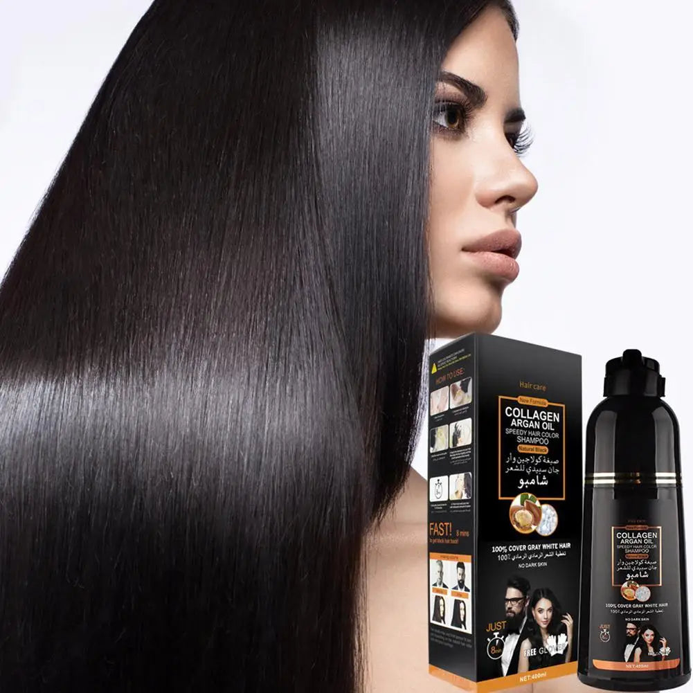 3-in-1 Collagen Argan Oil Shampoo Long-Lasting Black Hair Dye Shampoo for Men Women Nourishes Colors Gray Hair, 400/420ml