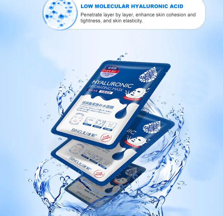 10 Pieces Hyaluronic Acid Facial Mask Sheet Pores Moisturizing Oil-Control Anti-Aging Replenishment Whitening Face Care
