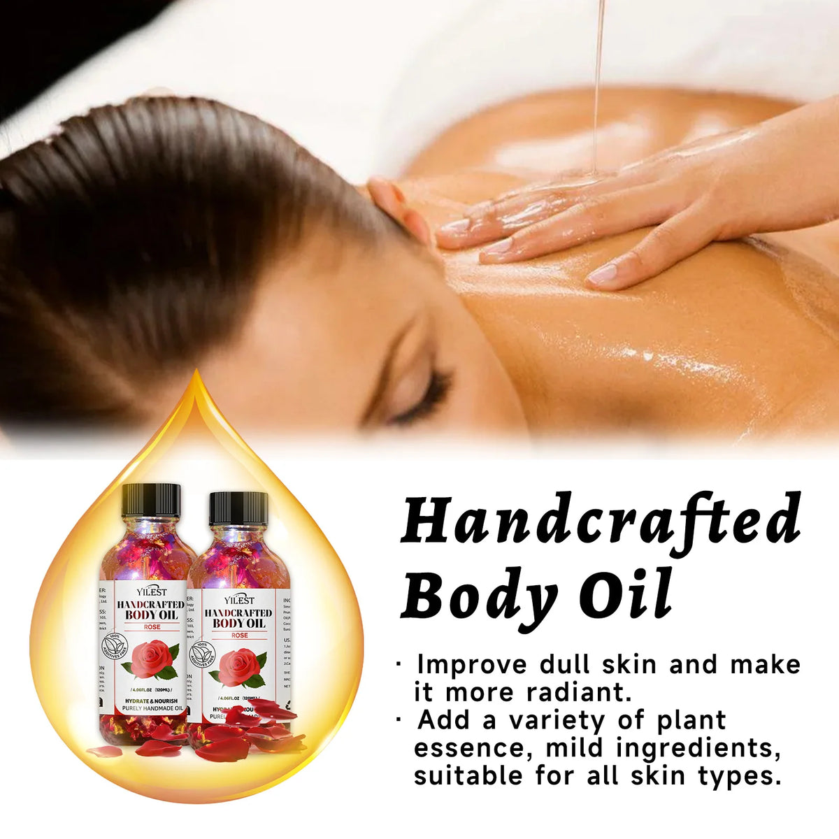 Handcrafted Rose Body Oil - 120ml Natural Blend for Dry Skin, with Jojoba & Sweet Almond Oil for Deep Hydration & Glowing Skin