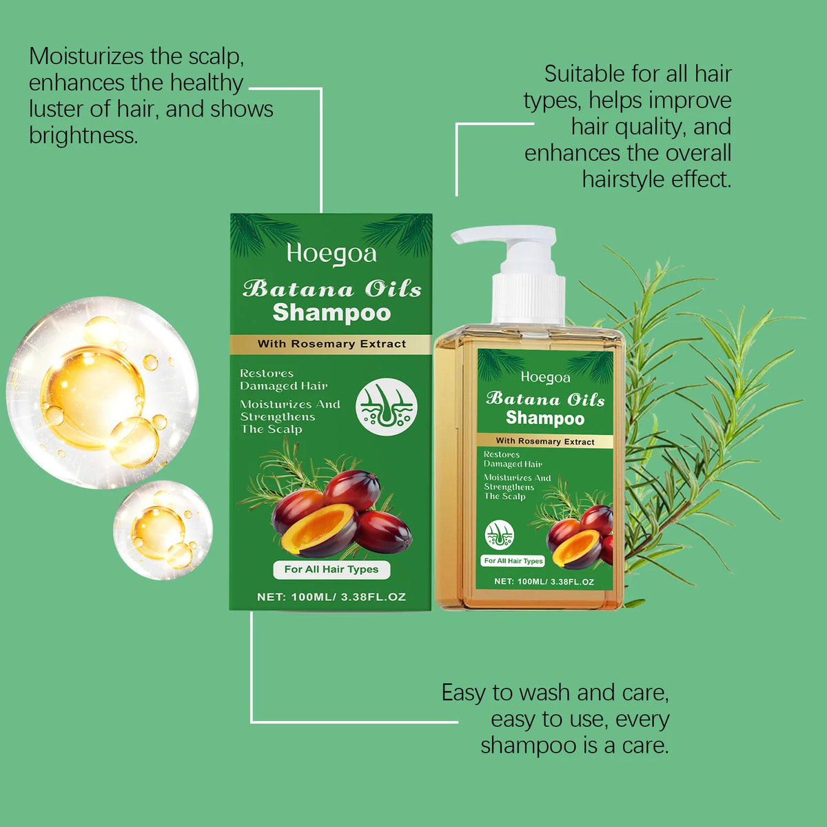 Batana Rosemary Shampoo Cleaning Scalp Anti Dandruff Oil Control Refreshing Hair Shampoo Anti Loss Restore Damaged Hair Care