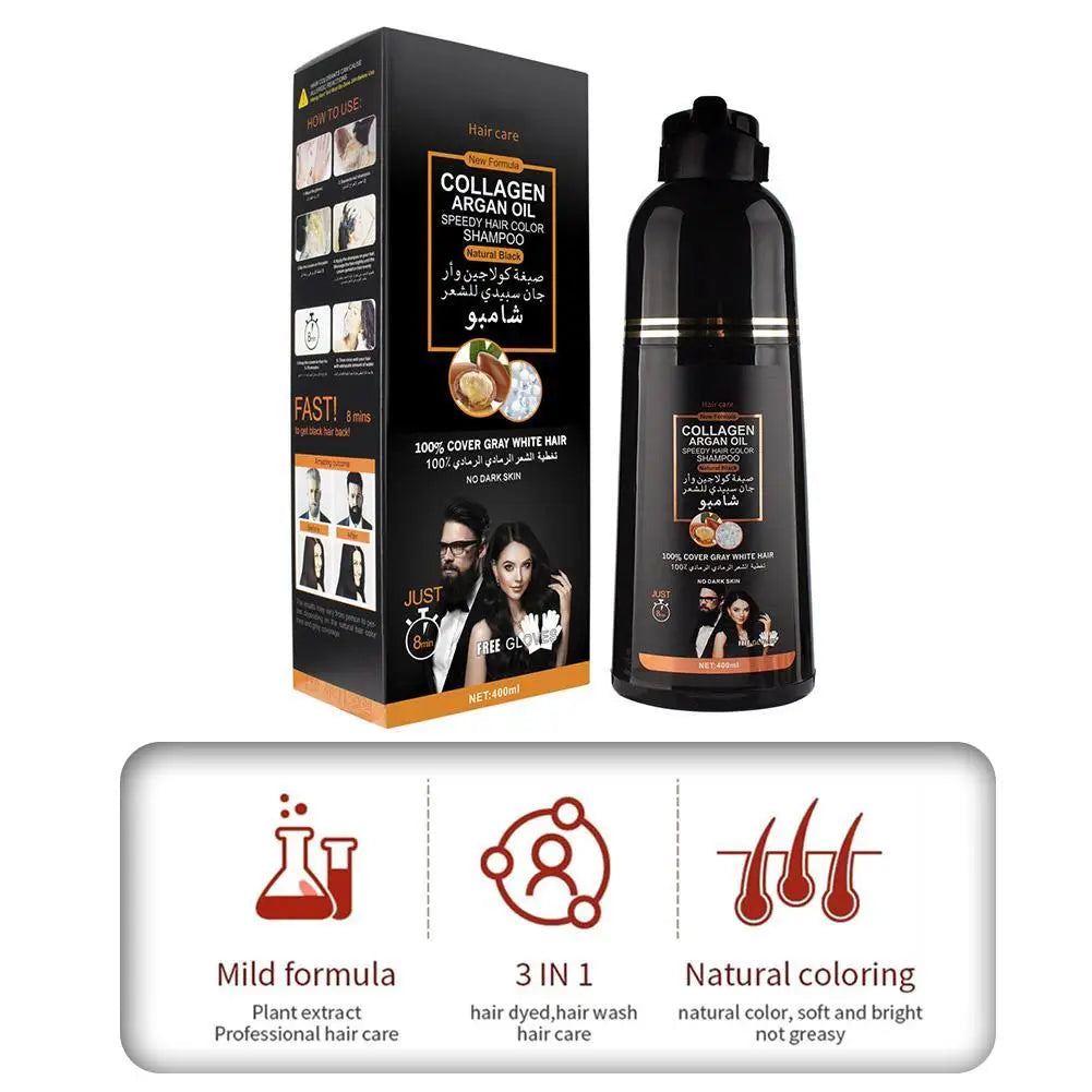 3-in-1 Collagen Argan Oil Shampoo Long-Lasting Black Hair Dye Shampoo for Men Women Nourishes Colors Gray Hair, 400/420ml