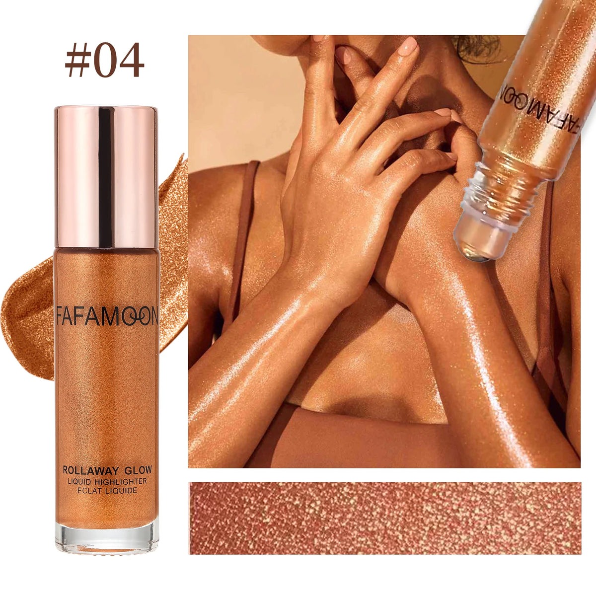Pearlescent Glitter Roller Ball Shimmer Oil Lasting Shine Gold Bronze Contour Brighten for Face Body Sparkle Liquid Highlighter