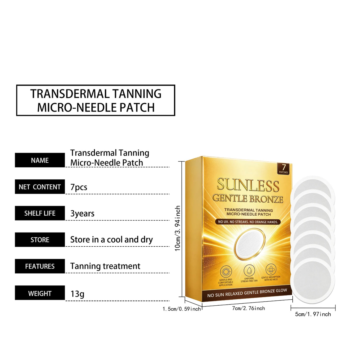 Sunless Gentle Bronze Transdermal Tanning Micro-Needle Patch 7 Patches Natural Bronze Glow for Body, Mess-Free Self-Tanner