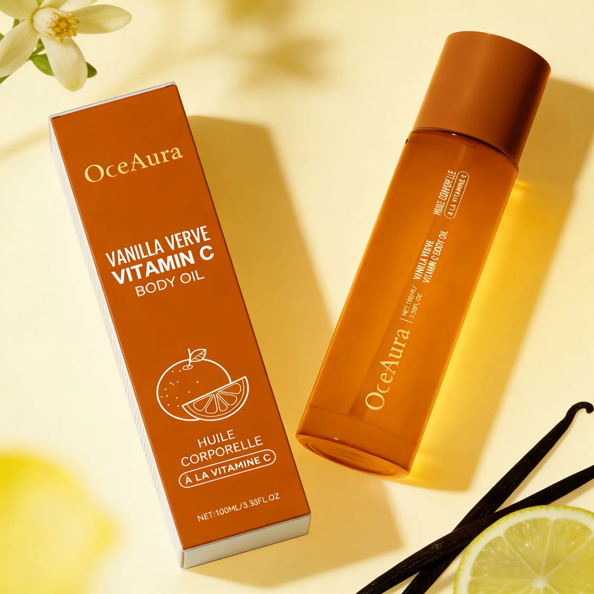 OceAura Vitamin C Body Oil for Glowing Skin Brightening Deep Hydration After Shower Vanilla Verve Scented Body Massage Oil 100ml