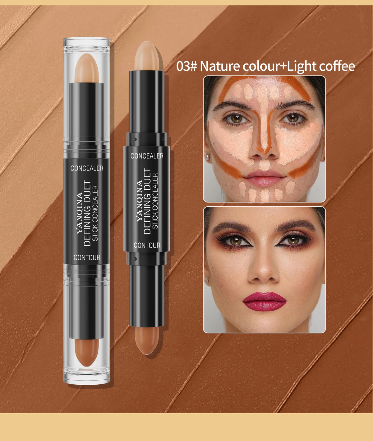 Contour Stick Duo, Double-Ended Highlight and Shadow Cream, Waterproof Full Coverage Concealer, Natural Finish Makeup for All Sk
