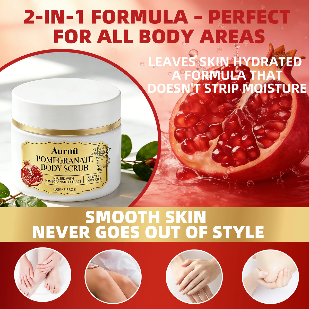 Aurnü Pomegranate Body Scrub, Gentle Exfoliation, Hydrating & Smoothing. For Full Body, All Skin Types & Ages, for Daily Cleanse
