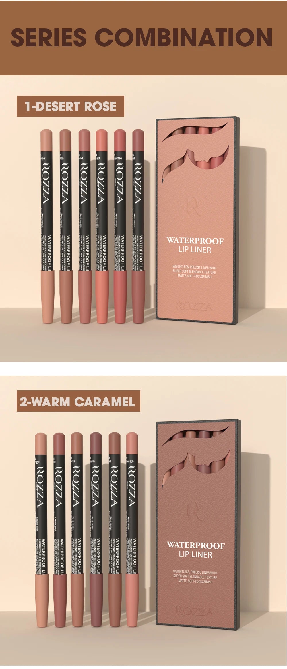 Rozza Waterproof Lip Liner Pencil Set, Weightless Precise Liner with Super Soft Blendable Texture Matte Soft