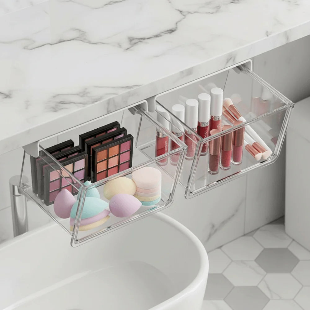 Plastic Drawer Style Storage Box Self Adhesive Large Capacity Makeup Storage Container Transparent Space Saving
