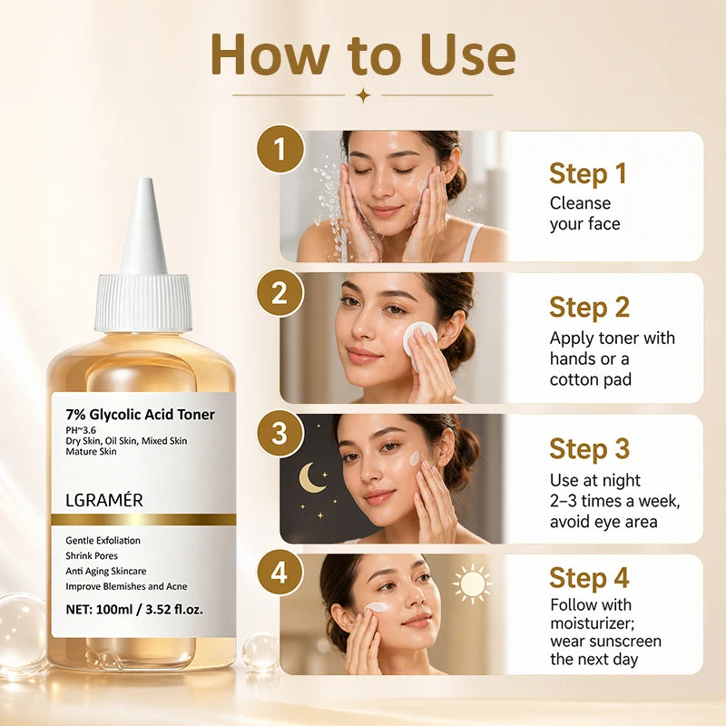 100ml Exfoliating Facial Toner,7% Glycolic Acid Exfoliating Toner,Pore Minimizing Toner,Smooth Skin, Even Tone,Hydrating Formula