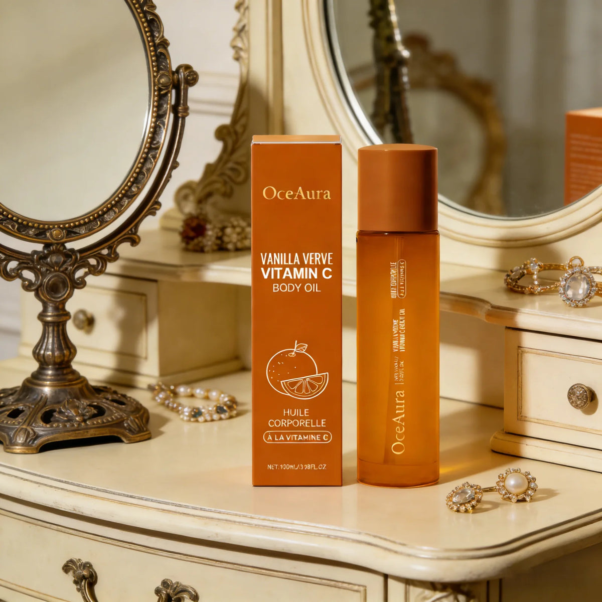 OceAura Vitamin C Body Oil for Glowing Skin Brightening Deep Hydration After Shower Vanilla Verve Scented Body Massage Oil 100ml