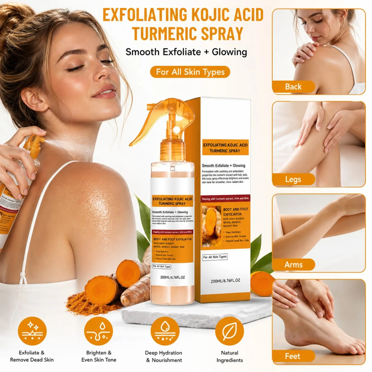 Exfoliating Kojic Acid Turmeric Spray and Serum Skin Care Set Gentle Exfoliation Improve Dull Tone Smooth Brightening Kit
