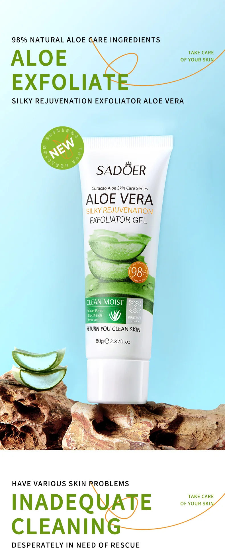 SADOER Exfoliating Aloe Vera Gel Facial Cleanser Deep Cleansing Exfoliant Gentle Tender Face Exfoliation Facial Exfoliator