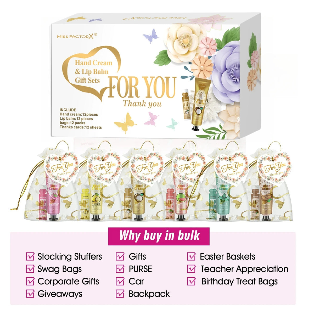 12 Hand Gift Hand Cream and Lip Balm Set Friends Party Gift with Love Net Bag and Thank You Card Holiday Gift