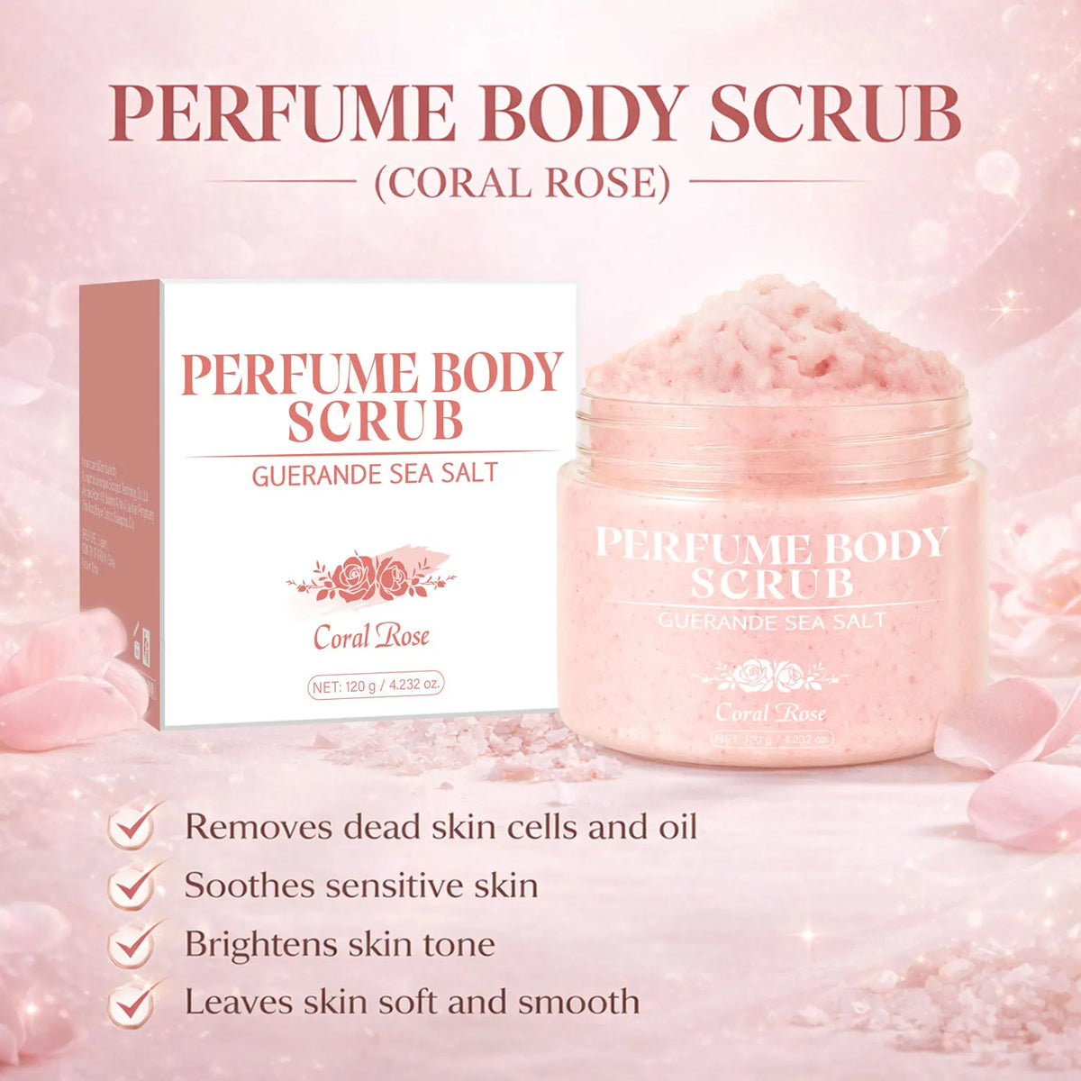 120g Sea Salt Perfume Exfoliating Body Scrub for Smooth Skin Body, Brighten Skin Tone,Amber & Vanilla Scent, Coral Rose Scent