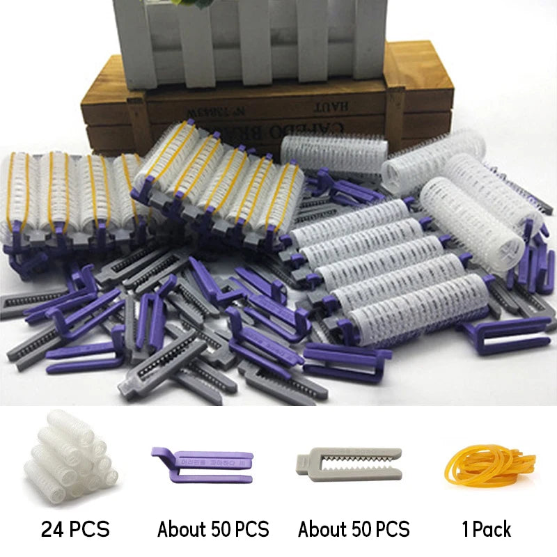 24Pcs Hair Root Perm Rods Bars Curlers With Clips & Rubber Bands Salon Nylon Hook & Loop Hair Rollers Set Hair Styling Tools