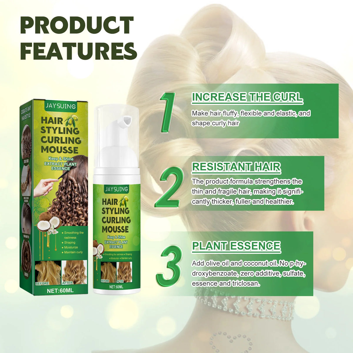 Curling Styling Mousse Natural Plant Extracts Impetuous Increase Hair Elasticity Lasting Styling Moisturizing Styling Spray 60ml