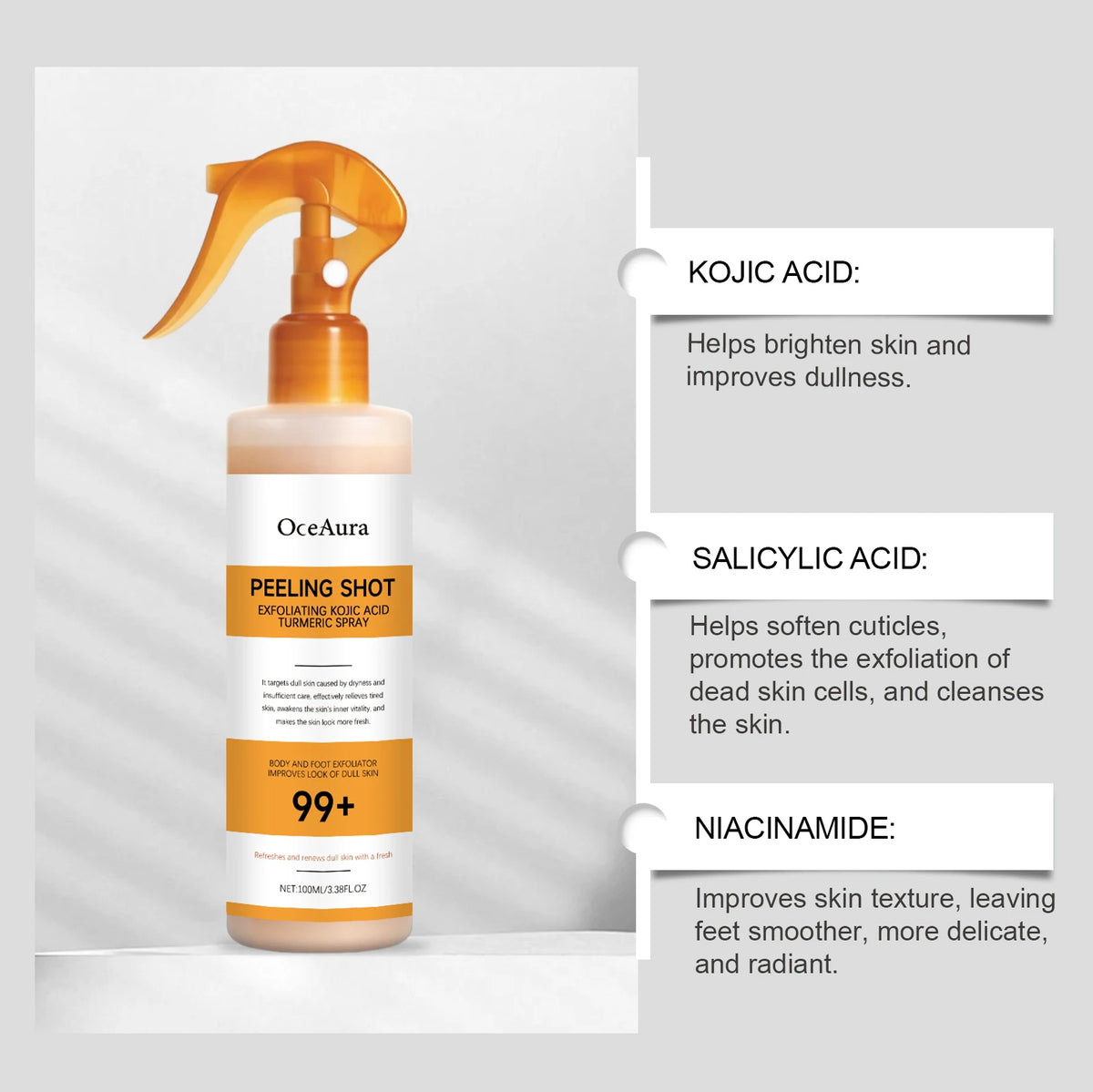 OceAura Peel Shot Kojic Acid Turmeric Spray Exfoliate Skin Care Dead Skin Remover Improve Uneven Looking Exfoliating Spray 100ml