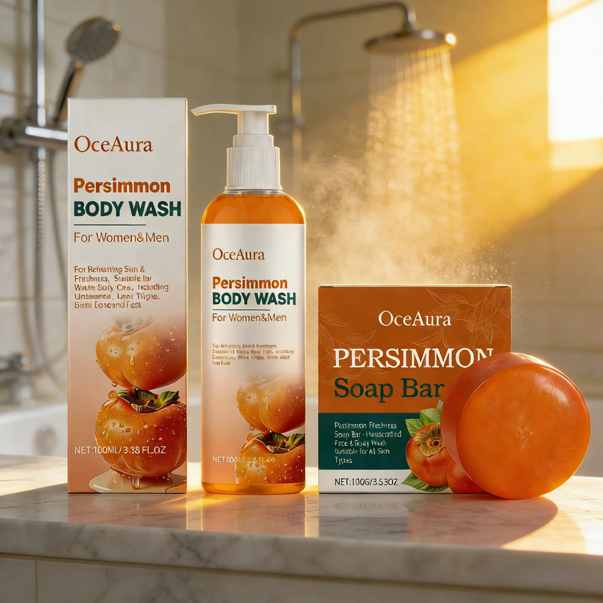 OceAura Persimmon Shower Gel Set Rich Foam Softens Skin Deep Cleansing Long Lasting Fragrance Natural Fruit Extracts Soap Bar
