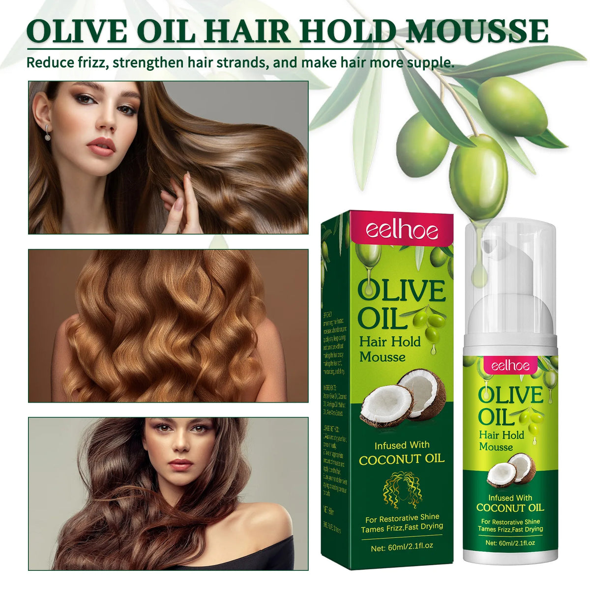 EELHOE Hair Styling Mousse Long Lasting Hydrating Natural Curl Enhancer Tame Frizzy Wave Fluffy Hair Treatment Olive Oil Spray
