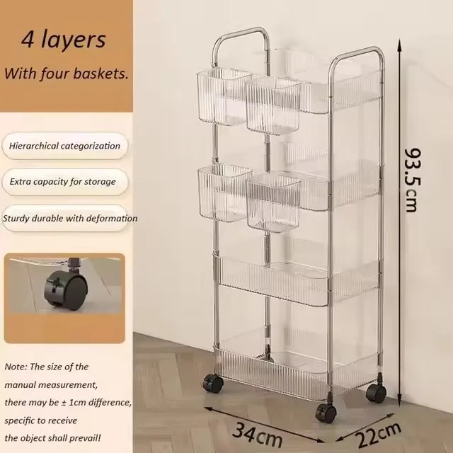 2/3/4 Layers Transparent Storage Rack with Wheels, Home Trolley Cart Suitable for Snacks Cosmetic Sundries and Kitchen Organizer