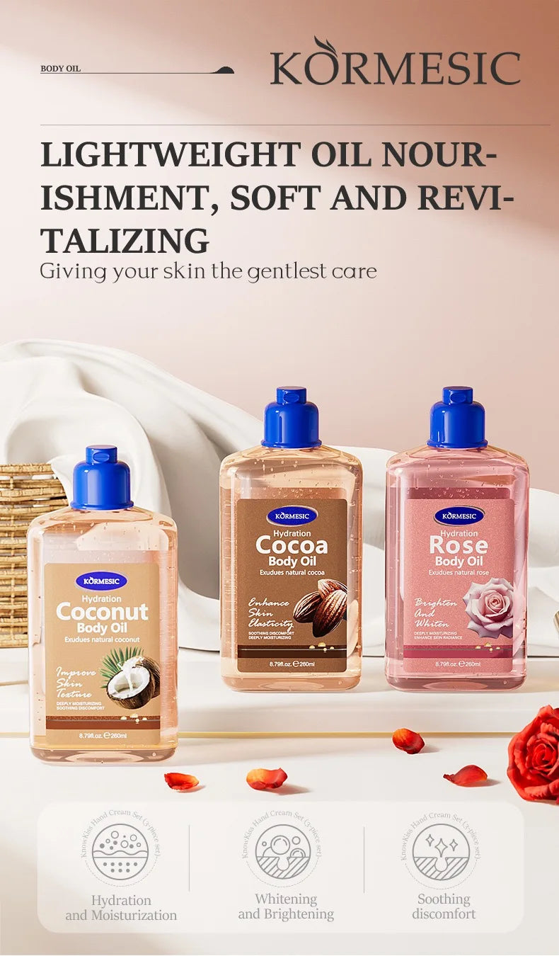 KORMESIC Body Oil 260ml Rose/Cocoa/Coconut Hydrating Brighten Skin Texture Soothe Discomfort Essential Oil