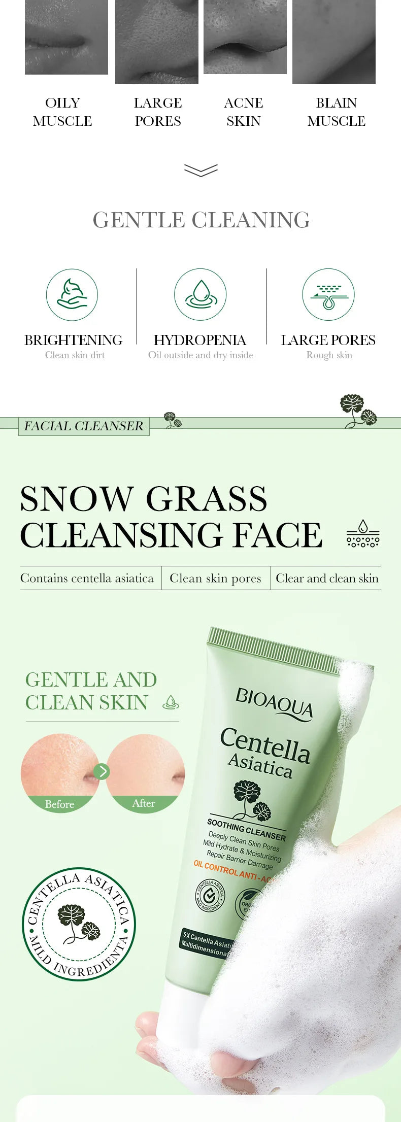 BIOAQUA Centella Asiatica Facial Cleanser Moisturizing Oil Control Face Cleansing Face Wash Foam Facial Cleanser Skin Care