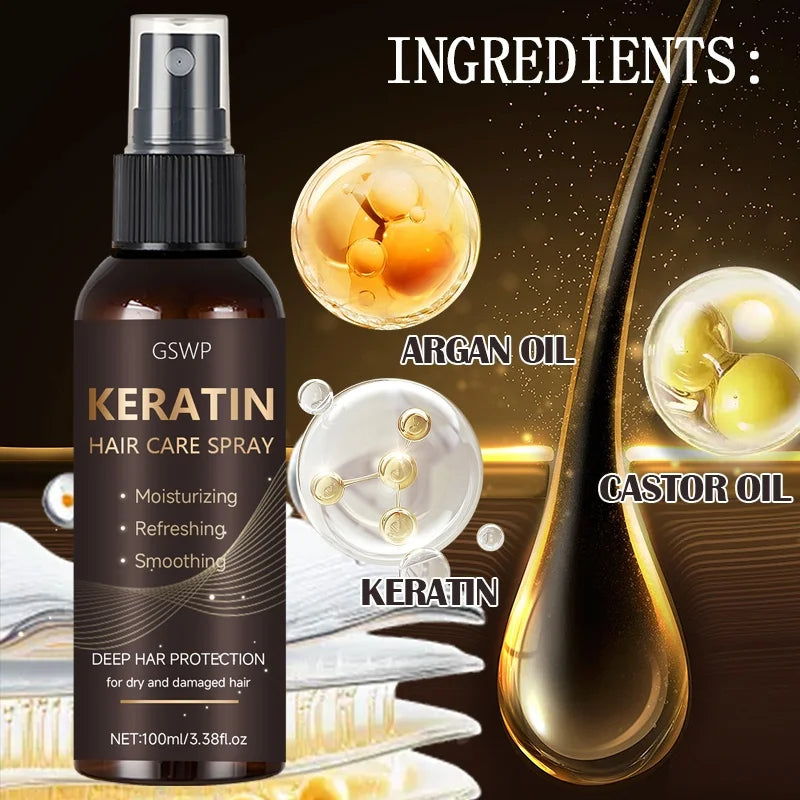 GSWP Keratin Hair Spray Contains Castor Oil and Argan Oil, Quickly Absorbed, Moisturize Hair, Leave It Non-Greasy. 100ml