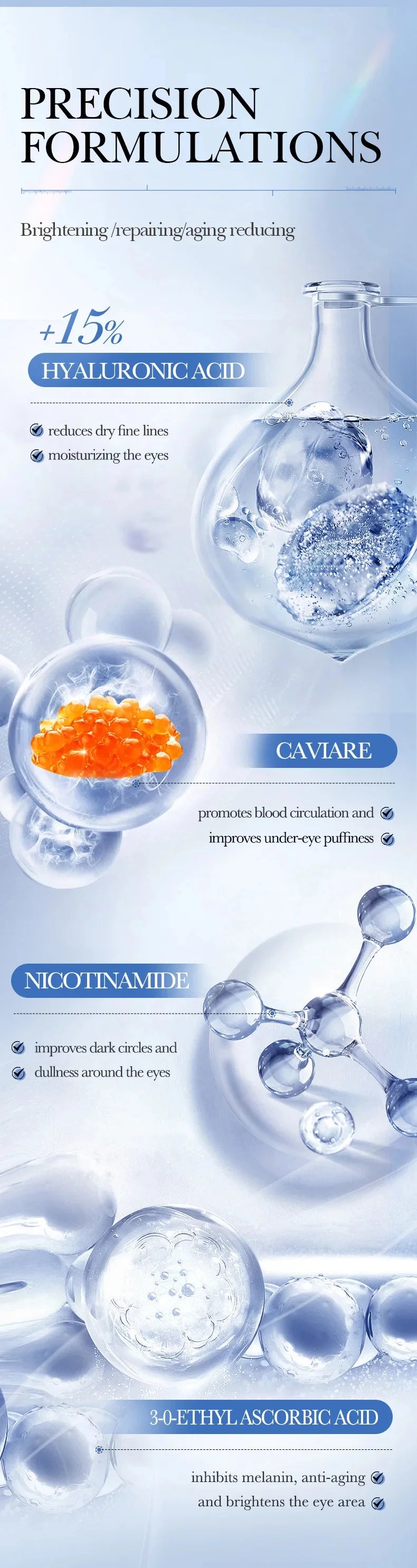 Caviar Eye Bag Removal Cream Hyaluronic Acid Anti-Wrinkle Firming Skin Fade Fine Lines Anti Dark Circle Puffiness Eye Care 20g
